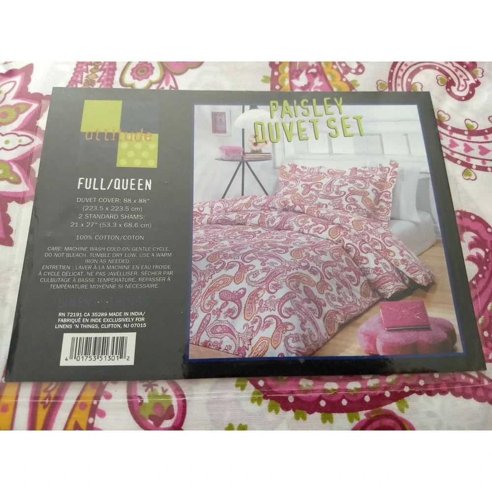 Attitude Paisley Duvet Cover & Shams Set Full‎ Queen 100% Cotton Pink White NIP
